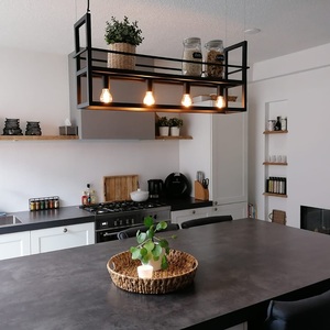 QAZQA, Hängeleuchte Cage Rack mit eingebautem Regal, Industrielle Hängelampe schwarz mit Rack 4-Licht - Cage Rack