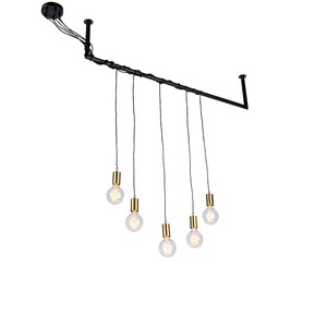 QAZQA, Industrielle Hängelampe schwarz mit Messing 5 Lichter - Cavoba, Industrielle Hängelampe schwarz mit Messing 5 Lichter - Cavoba