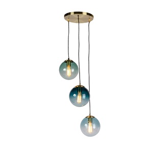 QAZQA, Art Deco Hängelampe Messing mit blauem Glas - Pallon