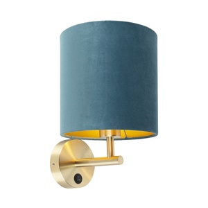 QAZQA, Enge Wandlampe Gold mit blauem Samtschirm - Matt