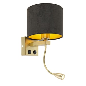 QAZQA, Moderne Wandleuchte Gold / Messing mit Farbton Veloursschwarz - Brescia, Moderne Wandleuchte Gold / Messing mit Farbton Veloursschwarz - Brescia