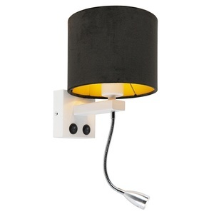 QAZQA, Moderne Wandleuchte weiß mit Schirm Velours schwarz - Brescia, Moderne Wandleuchte weiß mit Schirm Velours schwarz - Brescia