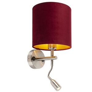 QAZQA, Wandleuchte Stahl mit Leselampe und Schirm Velours 20/20/20 rot, Wandleuchte Stahl mit Leselampe und Schirm Velours 20/20/20 rot