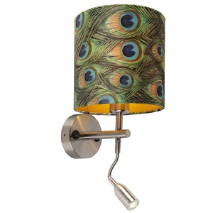 QAZQA, Moderne Wandleuchte Stahl mit Leselampe und Schirm Velours 20/20/20 Pfau - Gold