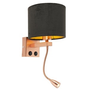QAZQA, Moderne Wandleuchte Kupfer mit Schirm Velours schwarz - Brescia, Moderne Wandleuchte Kupfer mit Schirm Velours schwarz - Brescia