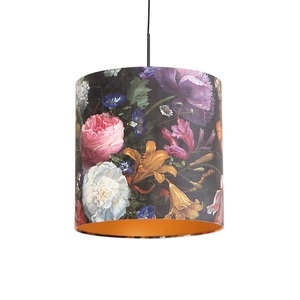 QAZQA, Hängelampe mit Veloursschirm Blumen mit Gold 40 cm - Combi