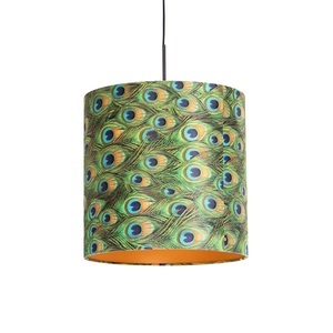 QAZQA, Hängelampe mit Veloursschirm Pfau mit Gold 40 cm - Combi