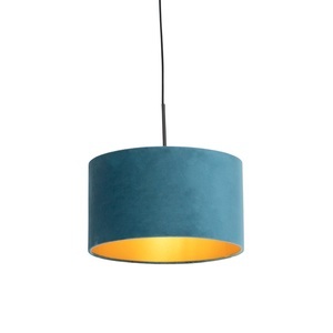 QAZQA, Hängelampe mit Veloursschirm blau mit Gold 35 cm - Combi
