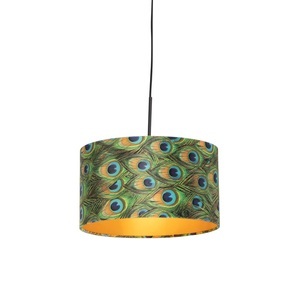 QAZQA, Hängelampe mit Veloursschirm Pfau mit Gold 35 cm - Combi
