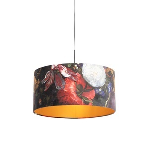 QAZQA, Hängelampe mit Veloursschirm Blumen mit Gold 50 cm - Combi