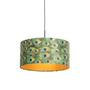 QAZQA, Hängelampe mit Veloursschirm Pfau mit Gold 50 cm - Combi