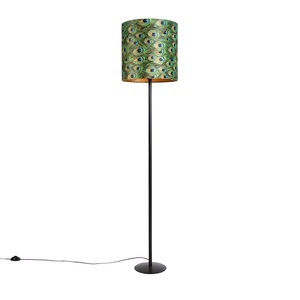 QAZQA, Schwarze Stehlampe mit Veloursschirm Pfauengold 40 cm - Simplo