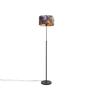 QAZQA, Stehleuchte schwarz mit Veloursschirm Blüten 35 cm - Parte, Stehleuchte schwarz mit Veloursschirm Blüten 35 cm - Parte