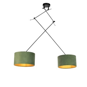 QAZQA, Hängelampe mit Samtschirmen grün mit Gold 35 cm - Blitz II schwarz, Hängelampe mit Samtschirmen grün mit Gold 35 cm - Blitz II schwarz