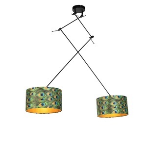 QAZQA, Hängelampe mit Samtschirmen Pfau mit Gold 35 cm - Blitz II schwarz, Hängelampe mit Samtschirmen Pfau mit Gold 35 cm - Blitz II schwarz