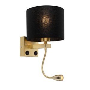 QAZQA, Art Deco Wandlampe Gold mit USB und schwarzem Schirm - Brescia