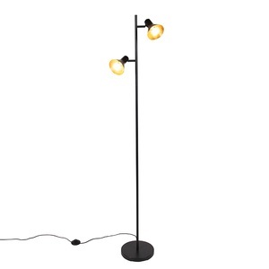 QAZQA, Moderne Stehleuchte schwarz mit 2 goldenen Lichtern - Magno, Moderne Stehleuchte schwarz mit 2 goldenen Lichtern - Magno