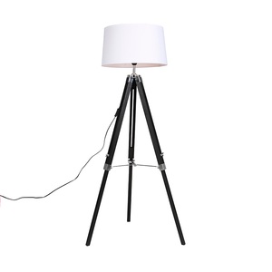 QAZQA, Stehlampe schwarz mit weißem Leinenschirm 45 cm - Tripod, Stehlampe schwarz mit weißem Leinenschirm 45 cm - Tripod