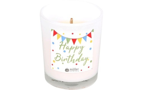 Tabletop, Kerze Kerze, müller Kerzen Kerze im Glas «Happy Birthday» 6.5 x 5.5 cm, Weiss