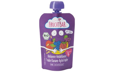 FruchtBar, FRUCHTBAR Fruchtpüree Bio Himbeere Heidelbeere Traube Banane Apfel Hafer (100 g), 