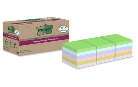 POST-IT, Post-it Super Sticky Recycelte Haftnotizen 76 x 76 mm Farbig sortiert 70 Blatt Vorteilspackung 14 + 4 Gratis, Post-it Notizzettel Super Sticky Recycling, Mehrfarbig, 18 Blöcke