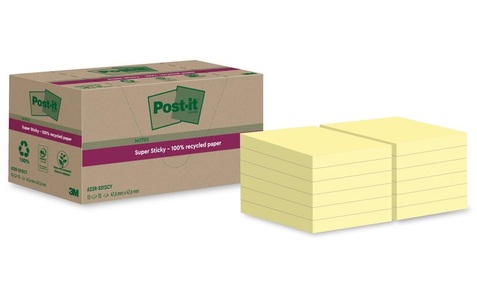 POST-IT, Post-it Super Sticky Recycelte Haftnotizen 47,6 x 47,6 mm Kanariengelb 70 Blatt 12 Blöcke, POST-IT SuperSticky Notes 47.6x47.6mm 622 RSS12CY Recycling,gelb 12x70 Blatt