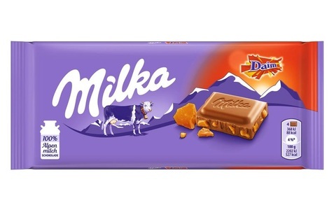 Milka, Milka Daim 100g Schokolade mit Mandel Karamell Stückchen, Milka Daim 100g Schokolade mit Mandel Karamell Stückchen