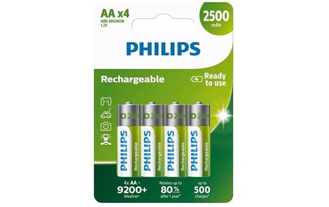 Philips, Philips Rechargeable NiMH 2500 mAh AA / Hr06 (4 Stk.) Akku Batterie, Philips Akku Akku Rechargeable AA 4 Stück