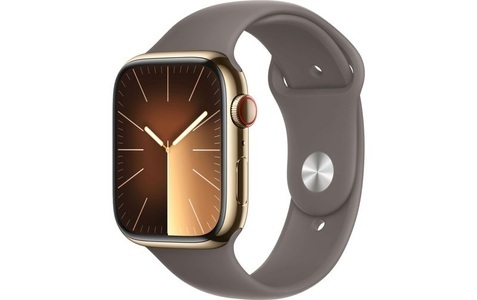 Apple, APPLE Watch Series 9 (GPS + Cellular, Edelstahl) 45 mm - Smartwatch (M/L 160-210 mm, Fluorelastomer, Gold/Tonbraun), Apple Smartwatch »Series 9, GPS + Cellular, Edelstahl-Gehäuse mit Sportarmband«, (Watch OS 10)