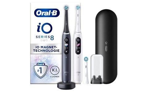 Braun, Oral-B iO Series 8 Duo, Elektrische Zahnbürste, ORAL-B iO 8 Duo + Sensitive - Elektrische Zahnbürste (Schwarz Onyx/Weiss Alabaster)