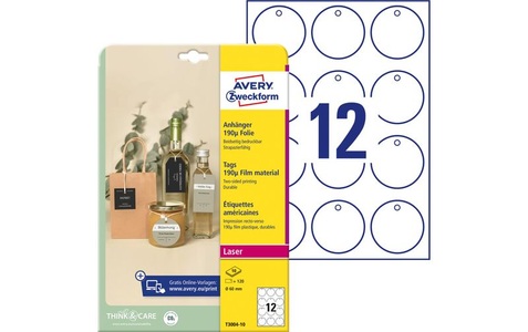 Avery Zweckform, Avery-Zweckform T3004-10 Etiketten (A4) Ø 60 mm Polyester Weiß 120 St. Nicht klebend Anhänger-Etiketten, Avery-Zweckform T3004-10 Anhänger-Etiketten Ø 60 mm Polyester Weiß 120 St. Nicht klebend Farblaserdrucker, Laserdrucker