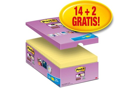 POST-IT, Post-it Super Sticky Haftnotizen 127 x 76 mm Kanariengelb 90 Blatt 14 Blöcke + 2 Gratis, Post-it Notizzettel Super Sticky 16 Blöcke, 7.6 cm x 12.7 cm,Gelb