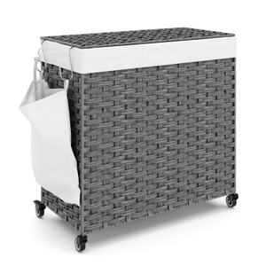 undefined, Wäschekorb Rattan mit Deckel 3 Fächer 129L grau