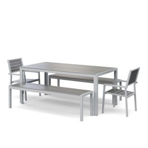 Chen Poly, Gartenmöbel Tisch 180 cm + 2 Stühle + 2 Bänke grau, Gartenmöbel Set ZILO 2 Stühle + 2 Bänke grau