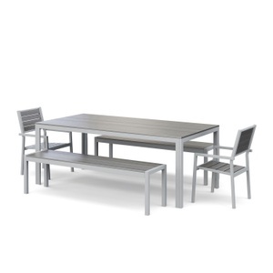 Chen Poly, Gartenmöbel Tisch 200 cm + 2 Stühle + 2 Bänke grau, Gartenmöbel Set KAVO 2 Stühle + 2 Bänke grau