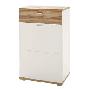 loftscape, home24 Kommode Kunra I, Carryhome Schuhschrank 58/95/40 cm , Nia , weiss, Eichefarben , Holzwerkstoff , 3 Fächer , 1 Schubladen , 58x95x40 cm , tiefgezogen, Melamin, foliert,Nachbildung , Beimöbel erhältlich , 000196013501