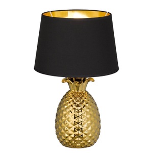 Reality Leuchten, Gold-schwarze Textil-Tischlampe Pineapple, 45 cm, Art Deco Tischleuchte gold mit schwarz-goldenem Schirm - Pina