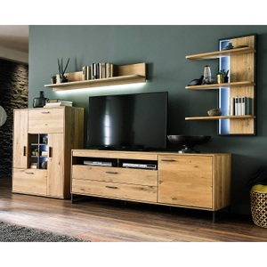 Naturoo, home24 TV-Lowboard Kiah, Livetastic Tv-element 184/67/50 cm , Portland , Eichefarben , Metall , Asteiche , furniert, massiv , 2 Schubladen , 184x67x50 cm , lackiert,lackiert,geölt, foliert,foliert,Nachbildung, teilmassiv,Nachbildung , Kabeldurchlass , 000196081808