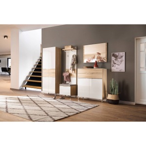 home24, home24 Garderobenpaneel Shino I, XXXLutz Garderobenpaneel 49,9/184/23 cm , Shino , weiss, Eichefarben , Glas, Holzwerkstoff , 49.9x184x23 cm , melaminharzbeschichtet,glänzend,Nachbildung , Aufhängemöglichkeit, Hutablage, Kleiderstange , 001534014104