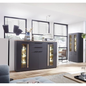 Red Living, home24 Highboard Parolin, Livetastic Highboard 180/133/37 cm , eiche , Graphitfarben, Eichefarben , Kunststoff , Glasböden: 6, Holzböden: 2 Fächer , 2 Schubladen , 180x133x37 cm , matt, Dekorfolie,Dekorfolie,Nachbildung,Nachbildung , Beimöbel erhältlich , 002737008502