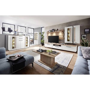 home24, home24 Highboard Parolin, Livetastic Highboard 180/133/37 cm , weiß , Weiss, Eichefarben , Kunststoff , Glasböden: 6 Holzböden: 2 Fächer , 2 Schubladen , 180x133x37 cm , matt, Dekorfolie,Dekorfolie,Nachbildung,Nachbildung , Beimöbel erhältlich , 002737008512