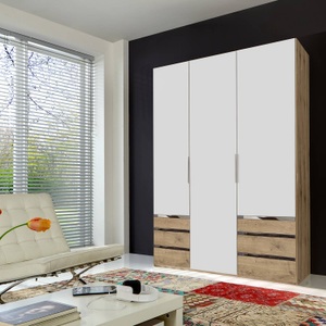 fresh to go, home24 Drehtuerenschrank Level 36A, MID.YOU Drehtürenschrank in weiss, eichefarben , Level 36A 150Cm Weiss/Eiche , Metall, Kunststoff , 2 Fächer , 6 Schubladen , 150x216x58 cm , Dekorfolie,Nachbildung , 001787040704