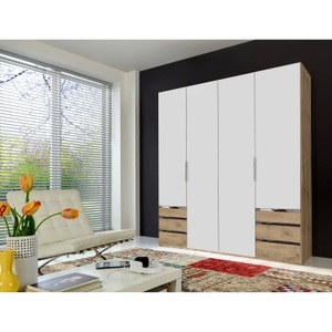 fresh to go, home24 Drehtuerenschrank Level 36A, MID.YOU Drehtürenschrank in weiss, eichefarben , Level 36A 200Cm Weiss/Eiche , Metall, Kunststoff , 2 Fächer , 6 Schubladen , 200x216x58 cm , Dekorfolie,Nachbildung , 001787042504