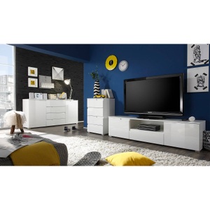 Fredriks, home24 Sideboard Larado, HBZ Sideboard »Spice weiss Hochglanz, Wohnzimmerschrank BxHxT 165x80x40 cm«, (1 St.), Mit 2 Türen, 4 Schubkästen, 2 Einlegeböden verstellbar