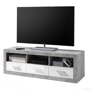 mooved, home24 TV-Lowboard Rognan, HBZ Lowboard »Stone weiss Hochglanz, TV Möbel bis 55 Zoll, BxHxT 147x49x45 cm«, (1 St.), Mit 3 offenen Fächer, 3 Schubkästen, 1 Kabeldurchführung