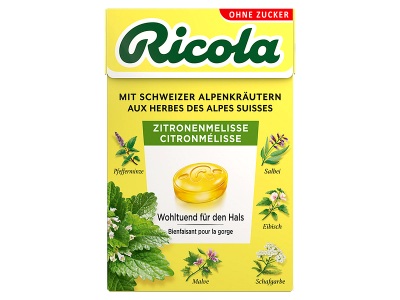 Ricola, Ricola Zitronenmelisse Bonbons ohne Zucker mit Stevia (50 g), Ricola Zitronenmelisse Bonbons Box (50g)