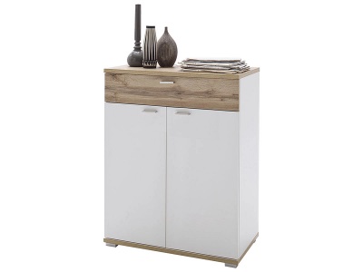 loftscape, home24 Kommode Kunra II, Carryhome Schuhschrank 74/95/40 cm , Nia , weiss, Eichefarben , Holzwerkstoff , 3 Fächer , 1 Schubladen , 74x95x40 cm , tiefgezogen, Melamin, foliert,Nachbildung , Beimöbel erhältlich , 000196013505