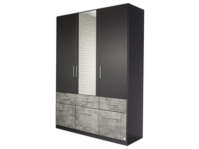 CONFORAMA, Schrank 3 Schwingtür(en) 6 Schublade(n) GEORGIA Spanplatte Grau, Beton, Schwarz, Drehtürenschrank GEORGIA schwarz 3 Türen 6 Schubladen