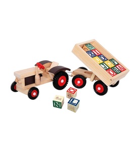 Bino, Bino - Traktor mit ABC-Anhänger, Holz Traktor mit ABC-Anhänger