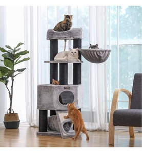 Feandrea -  Kratzbaum groß, Katzenbaum mit Flauschiger Aussichtsplattform, Liegemulde und Kuschelhöhle, Katzenturm, extra Dicke Stämme komplett mit schwarzem Sisal umwickelt, stabil, hellgrau PCT02W